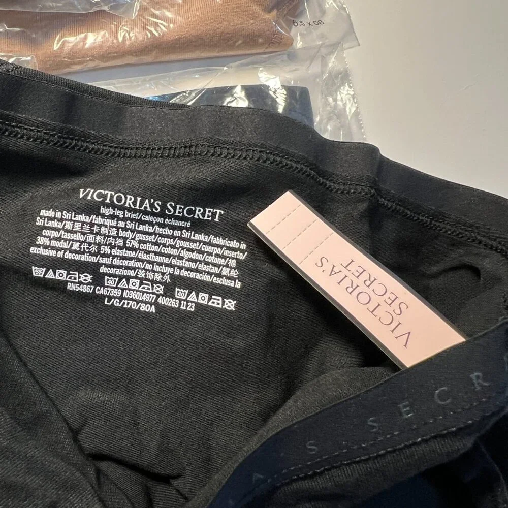Victoria Secret Large L Brief Panties High Waist Leg Cotton Black & Beige - Picture 3 of 3